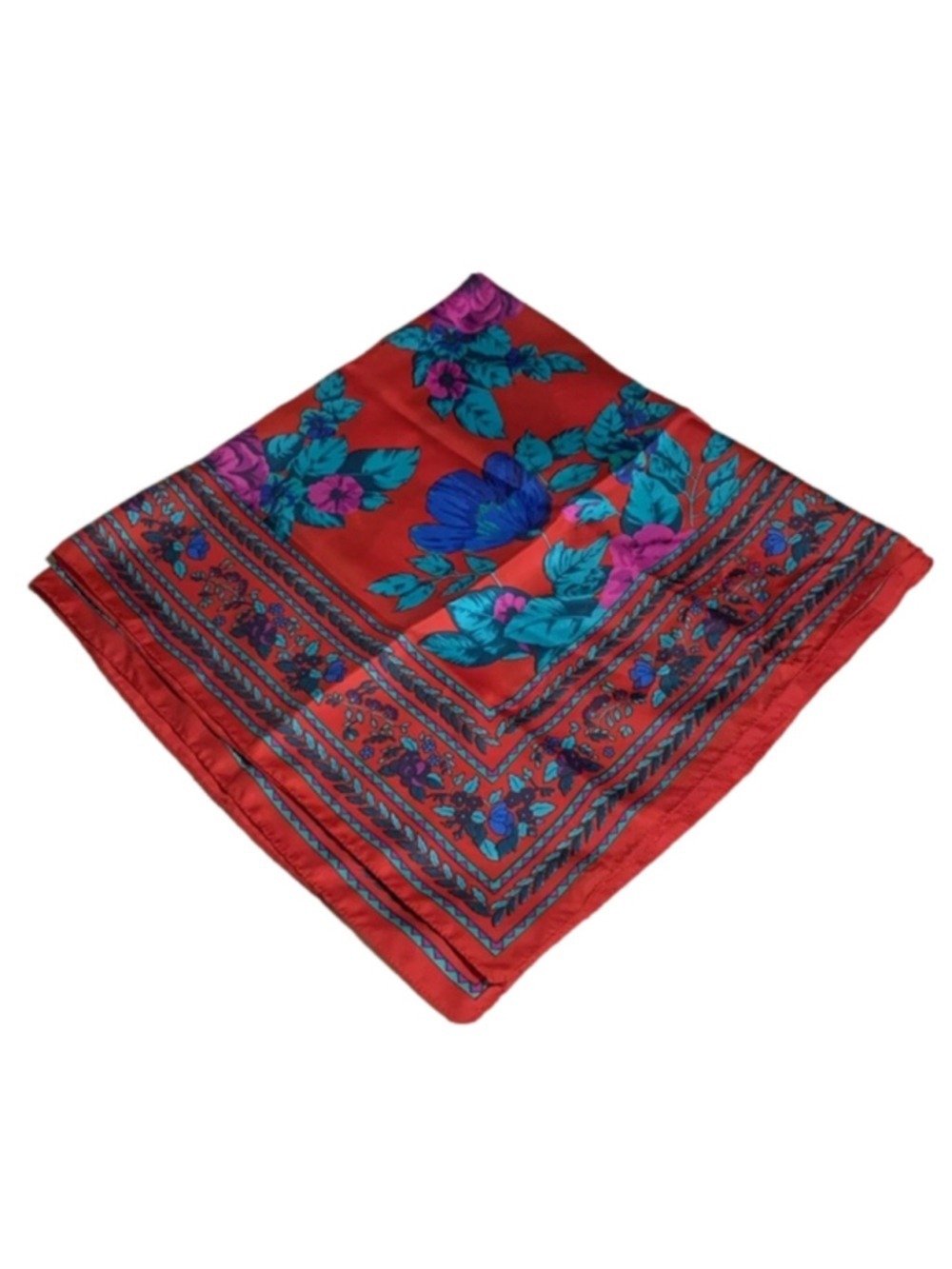 Large red square scarf with purple and blue flowers